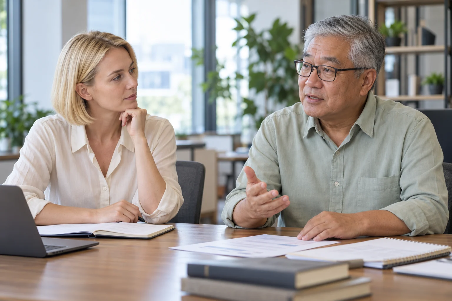 A man discussing his workload limits calmly with a female colleague