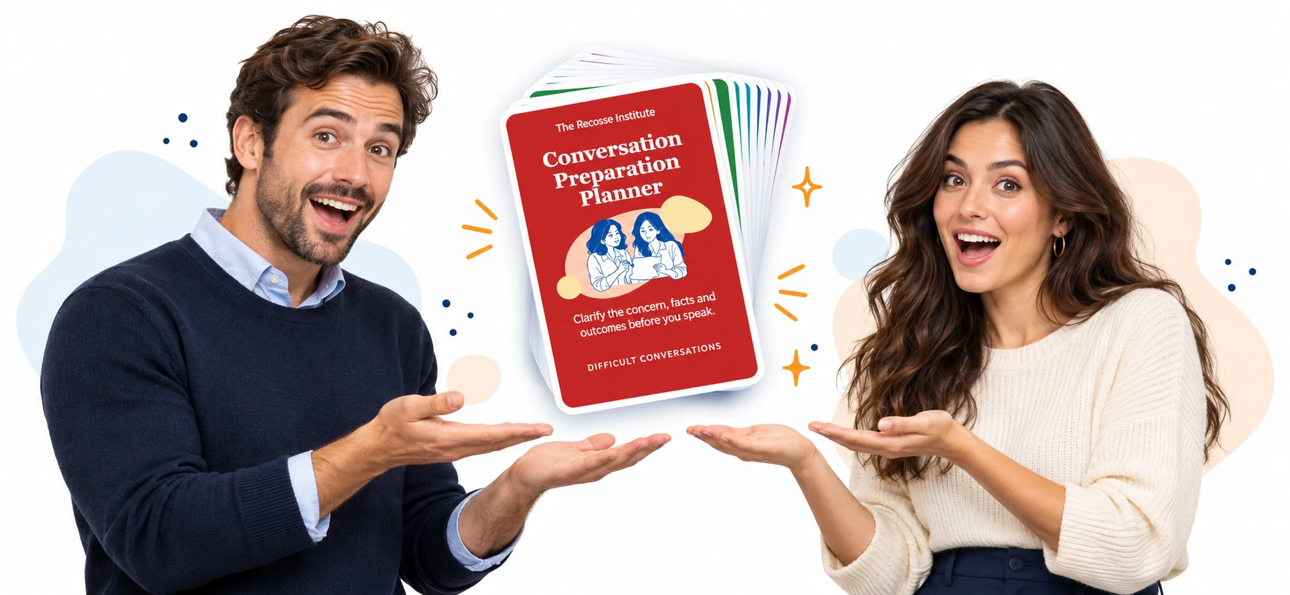 A delighted man and woman presenting the conversation resource stack with open hands