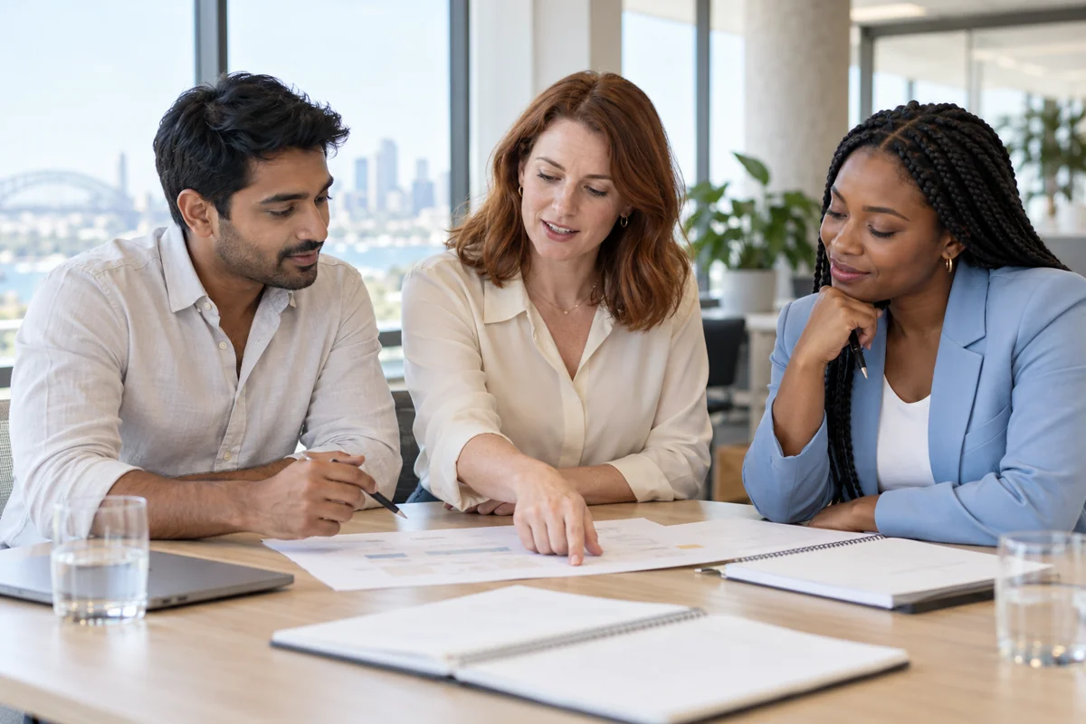 Three colleagues reviewing work responsibilities together in an office
